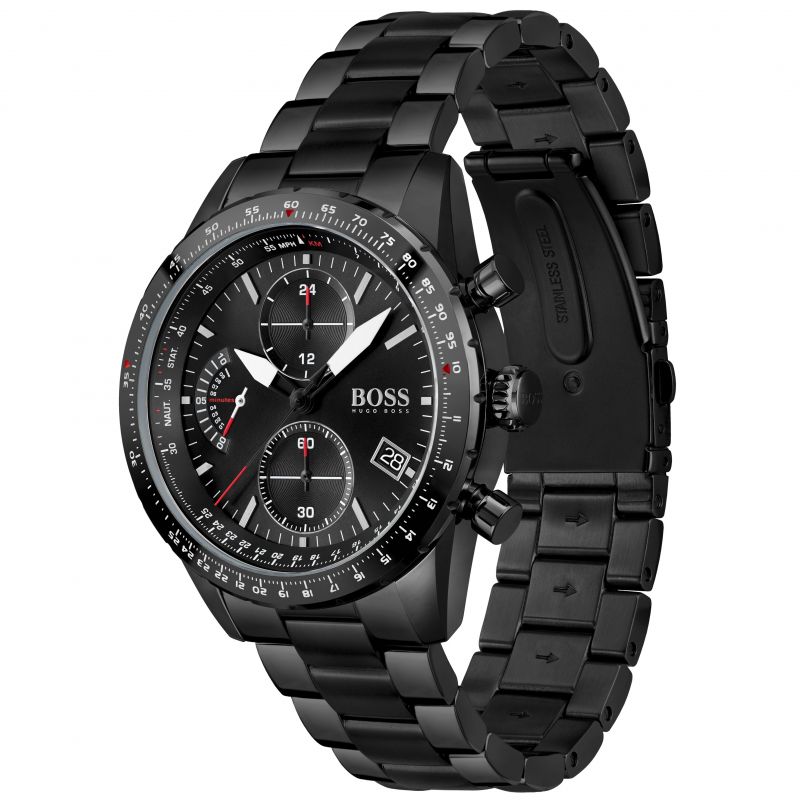 Hugo Boss Pilot Edition chronograph watch at three-quarter angle showing black metal bracelet
