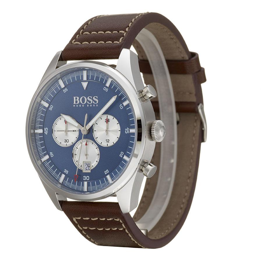 Hugo Boss Pioneer watch side angle showing chronograph subdials and brown leather strap detail