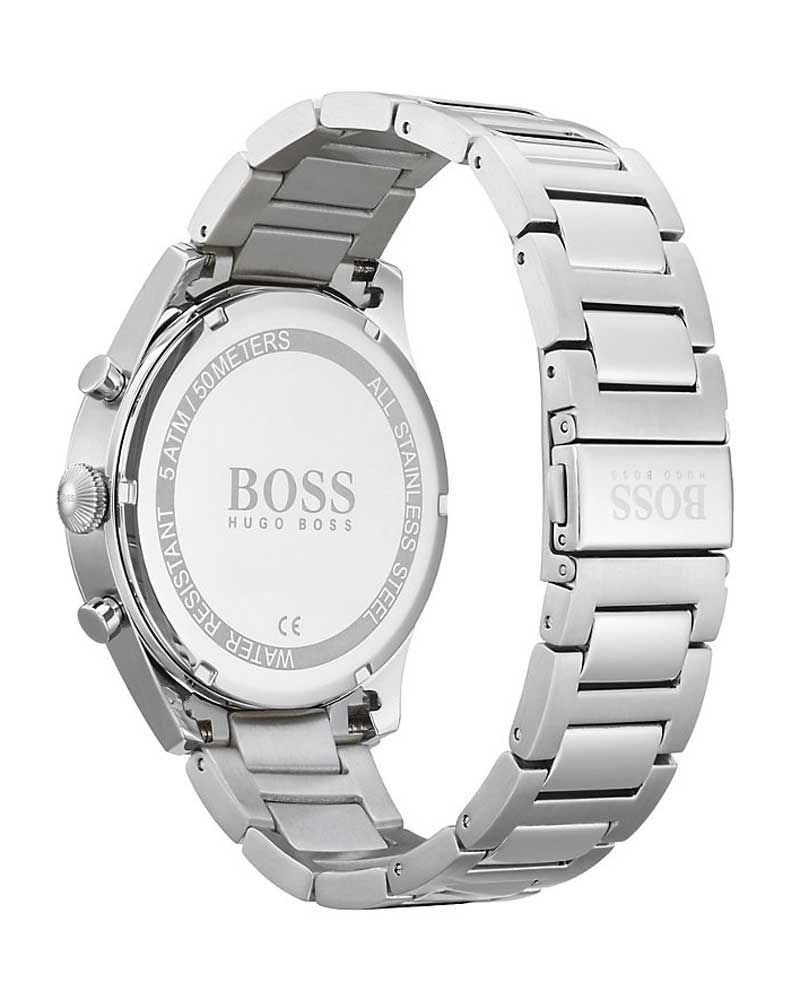 Hugo Boss Pioneer watch caseback showing stainless steel with engraved BOSS branding