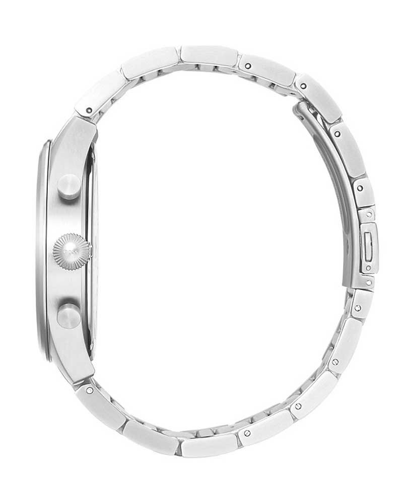 Side view of Hugo Boss Pioneer watch showing chronograph pushers and stainless steel bracelet profile