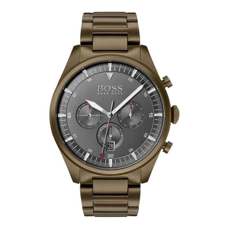 Hugo Boss Pioneer chronograph watch with gray dial and brown steel bracelet