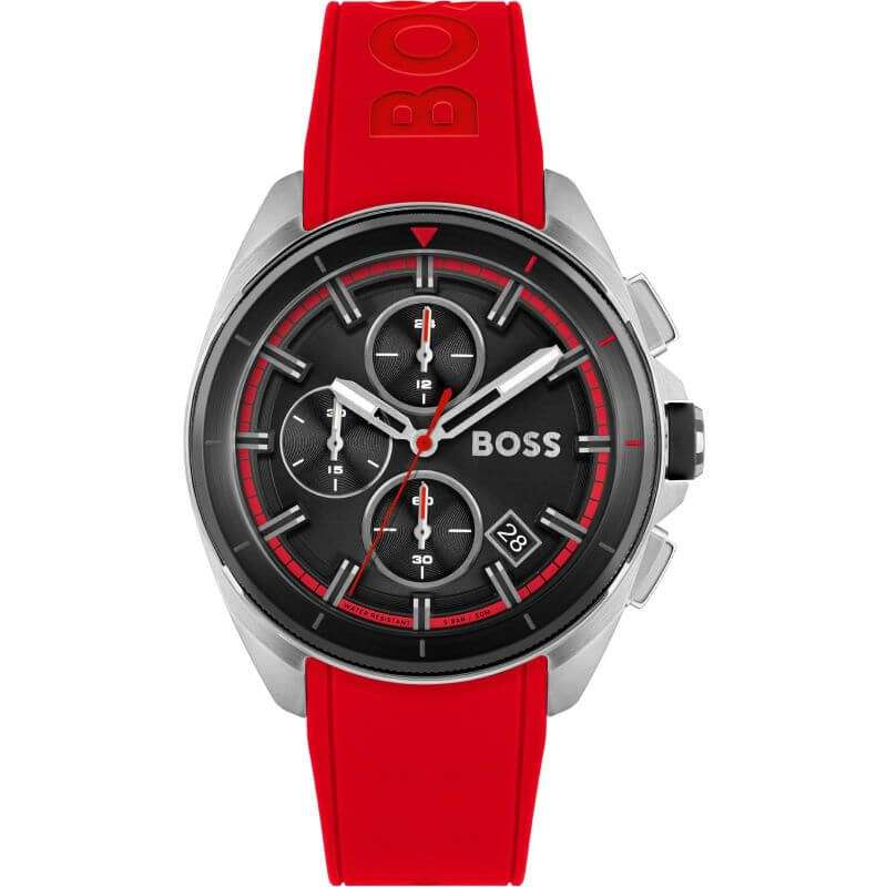 Hugo Boss Pioneer men's chronograph with black dial and red rubber strap