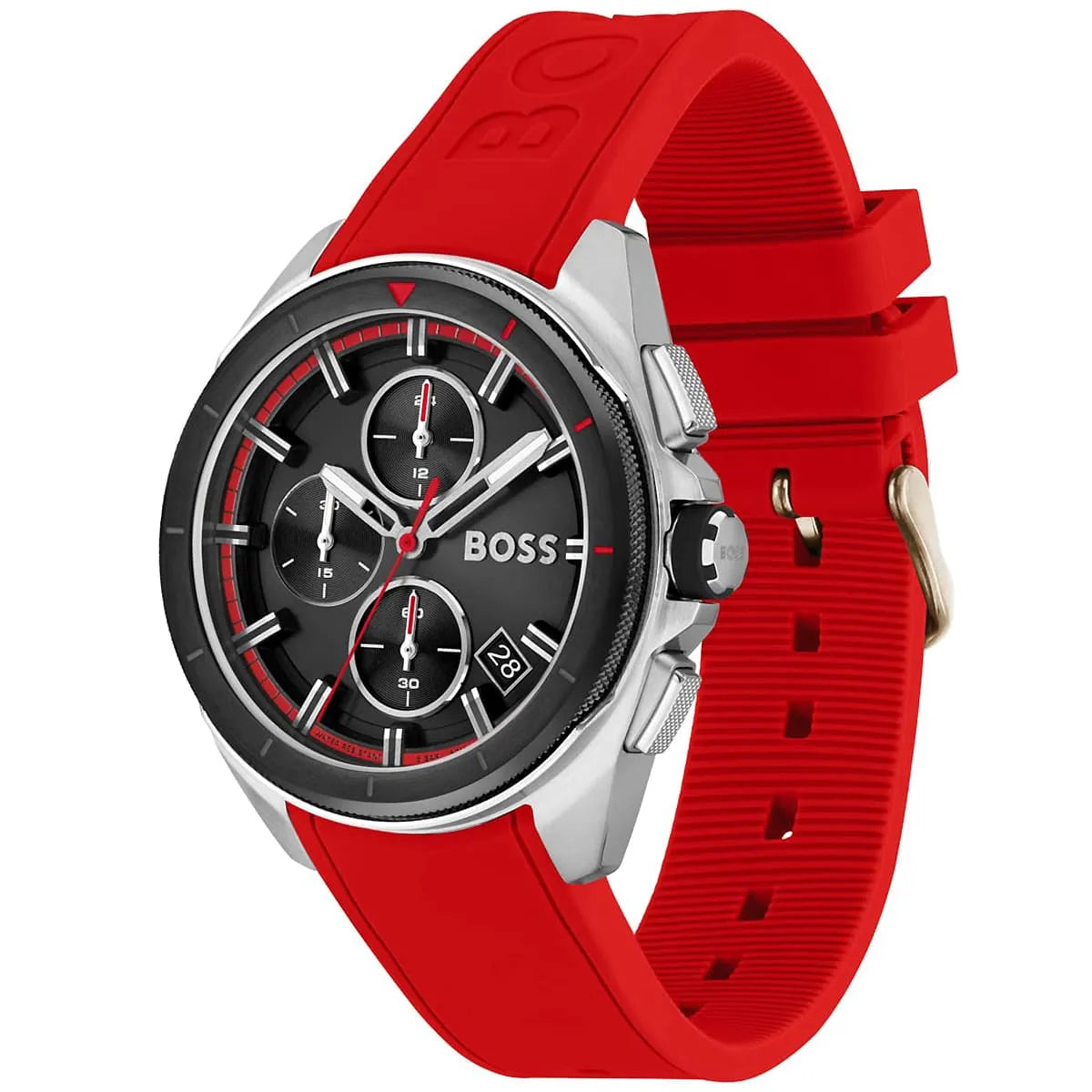 Hugo Boss Pioneer chronograph on wrist showing black dial and red rubber strap