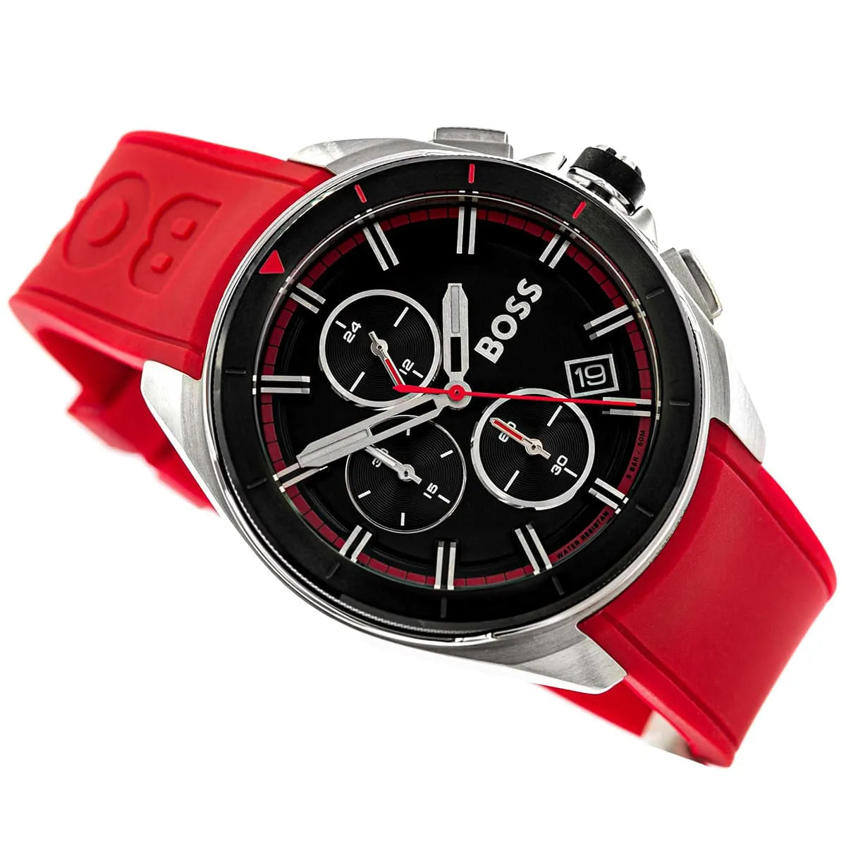 Hugo Boss Pioneer men's chronograph watch with three subdials and red rubber strap