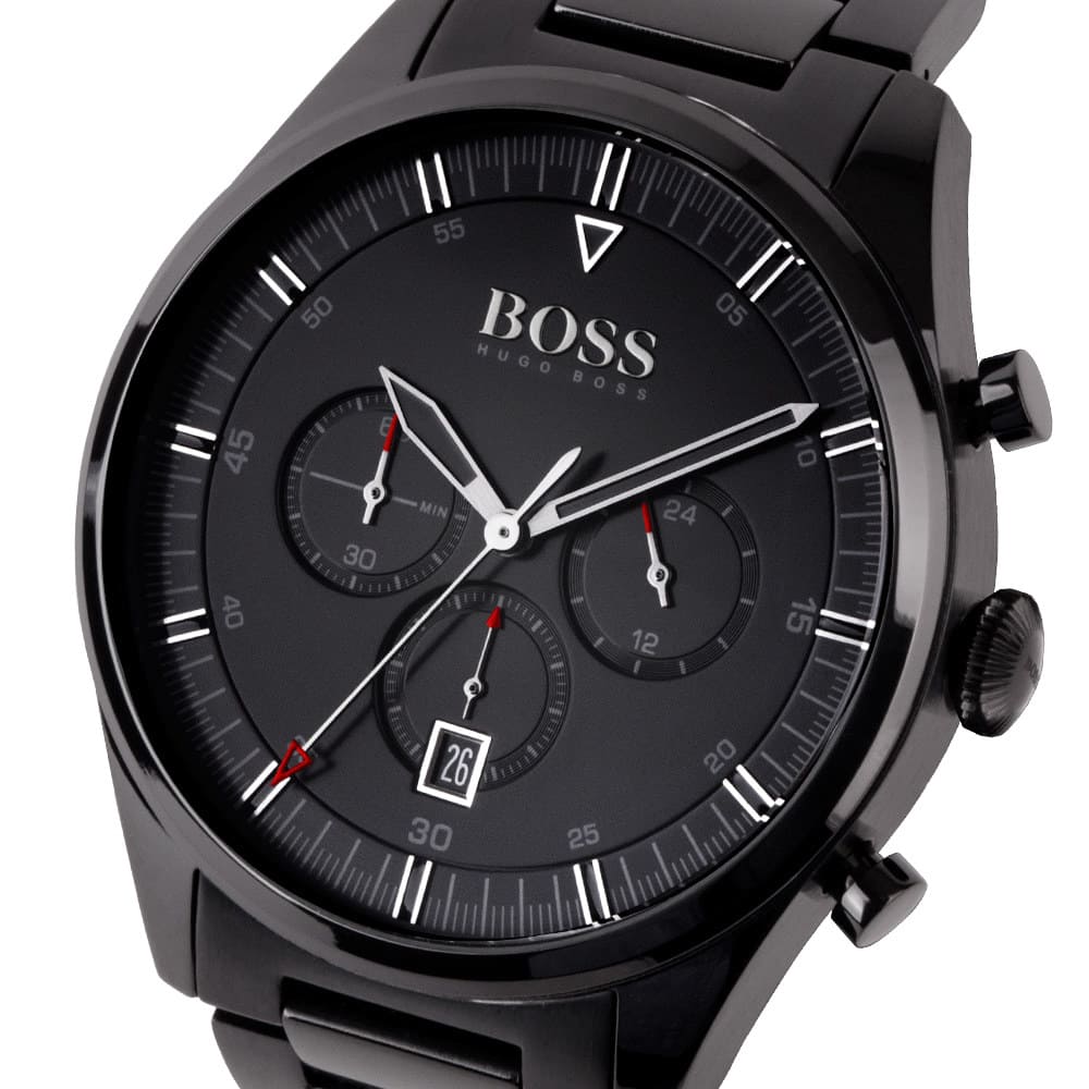 Close-up of Hugo Boss Pioneer watch dial with chronograph subdials and hour markers