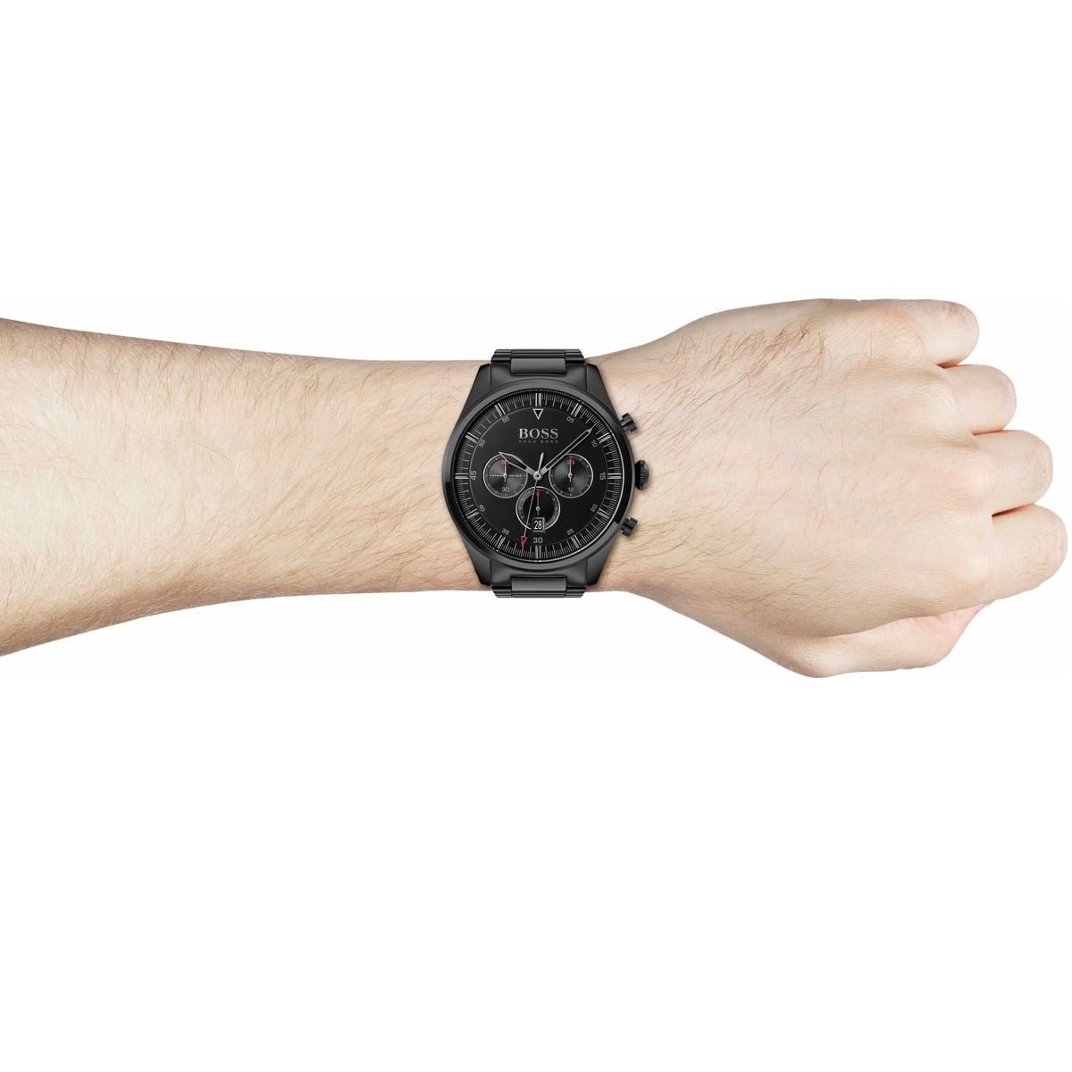 Hugo Boss Pioneer all-black chronograph watch worn on male wrist