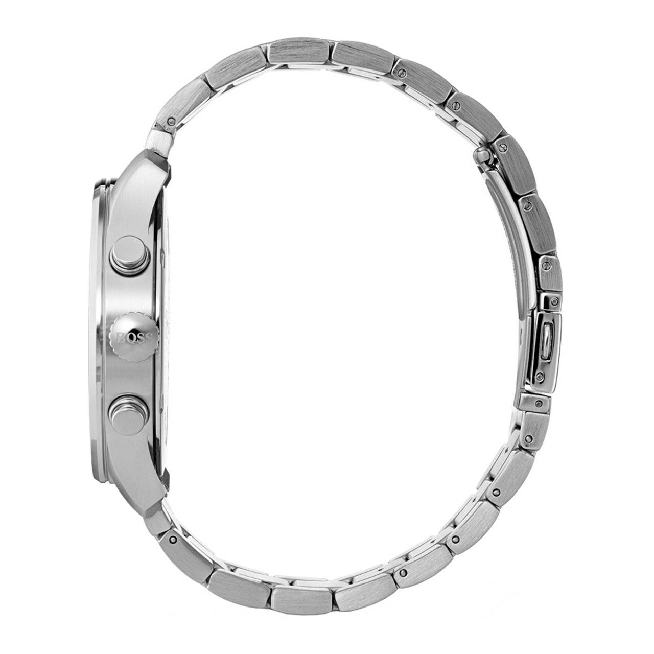 Side view of Hugo Boss Professional watch showing stainless steel link bracelet profile