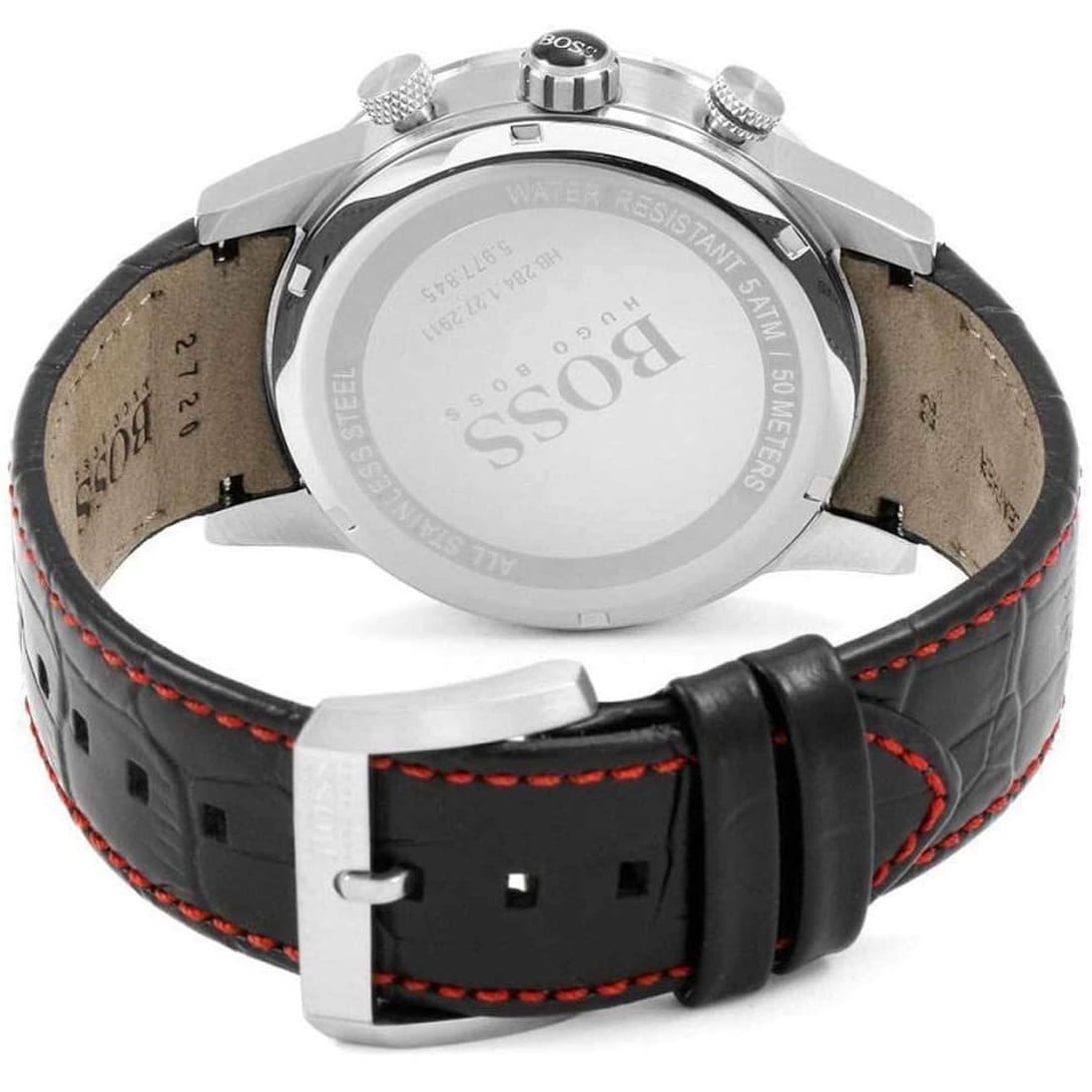 Hugo Boss Rafale watch caseback showing stainless steel case back with engraving and black leather strap