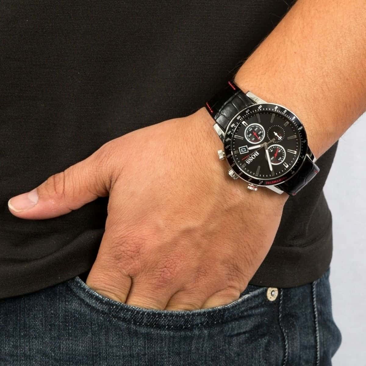 Hugo Boss Rafale black dial chronograph watch worn on wrist, showing black leather strap and dial detail