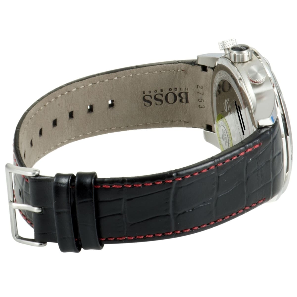 Hugo Boss Rafale black leather strap with red contrast stitching, stainless steel hardware, and buckle closure