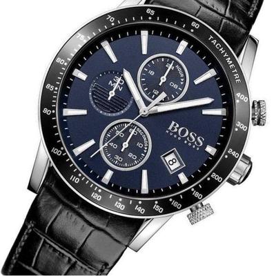 Hugo Boss Rafale watch dial detail showing blue sunburst finish, chronograph subdials, and date window