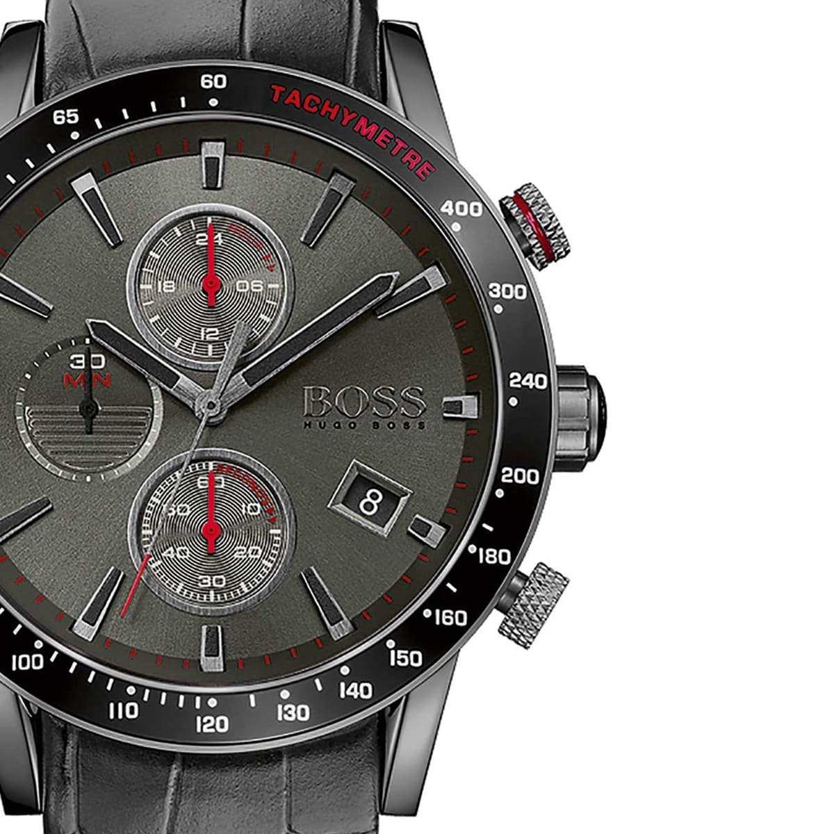 Close-up of Hugo Boss Rafale dial showing subdials, tachymeter scale, and red accents