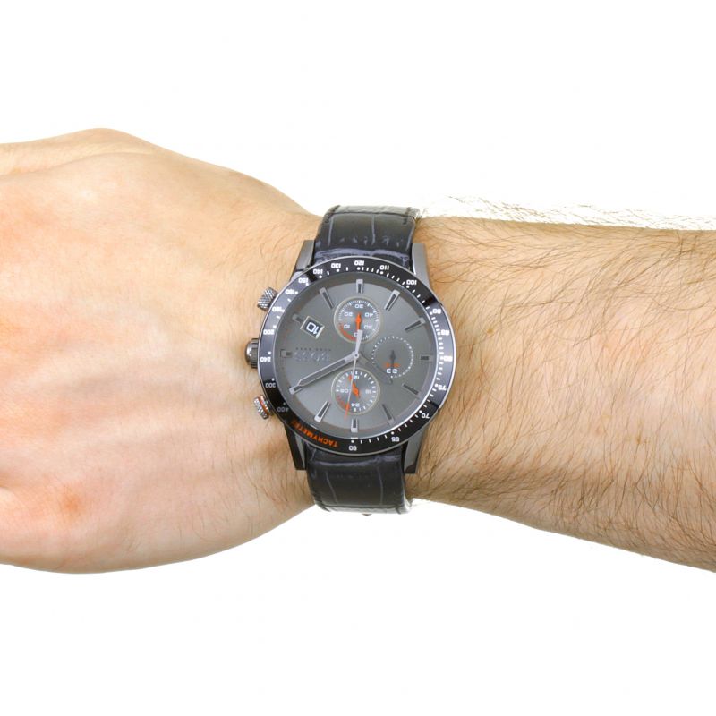 Hugo Boss Rafale chronograph watch worn on male wrist with black leather strap