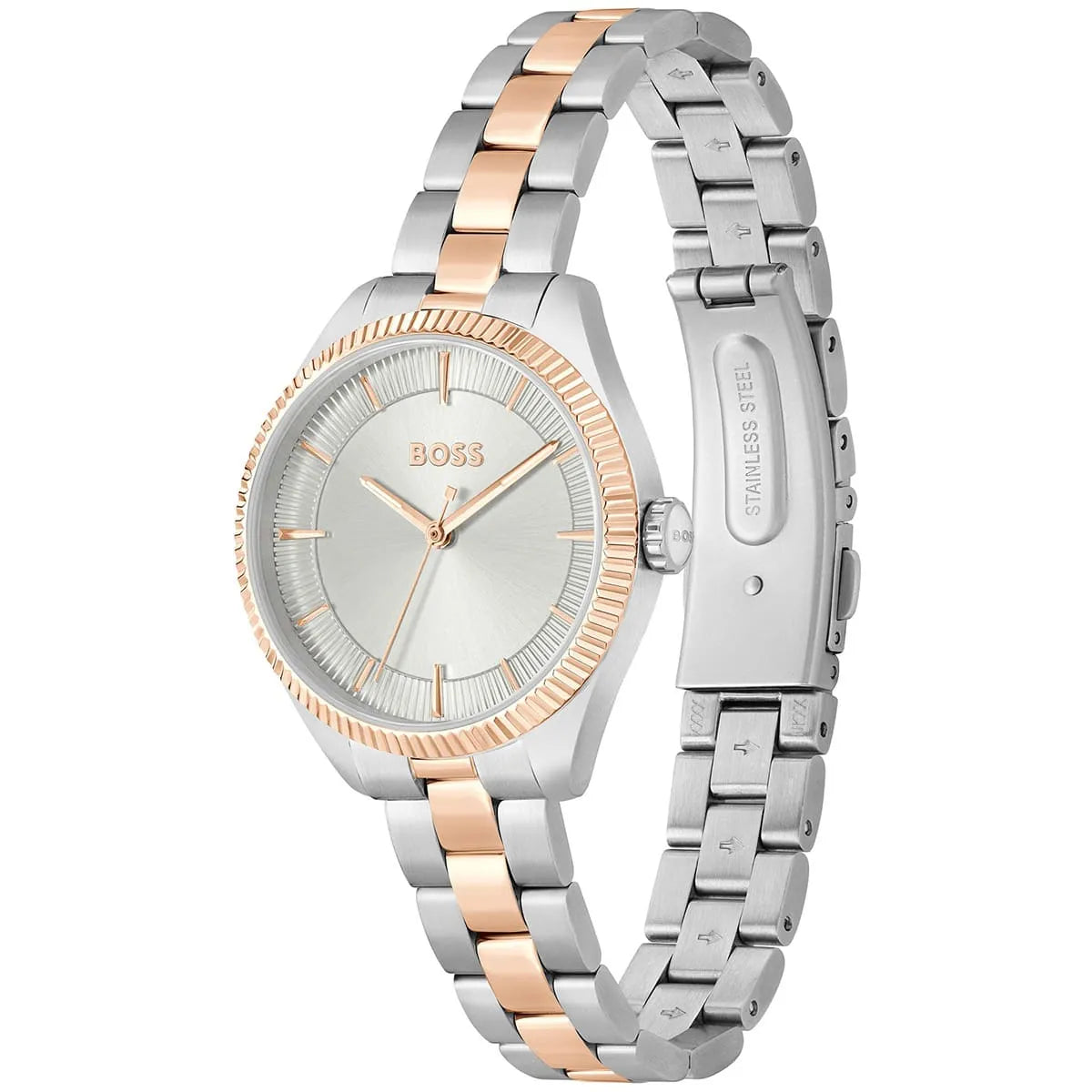 Hugo Boss Sage ladies watch at angle showing silver dial and two-tone rose gold and stainless steel strap