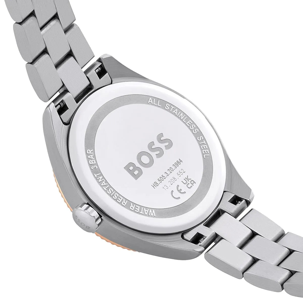 Hugo Boss Sage watch caseback detail with rose gold and stainless steel two-tone links