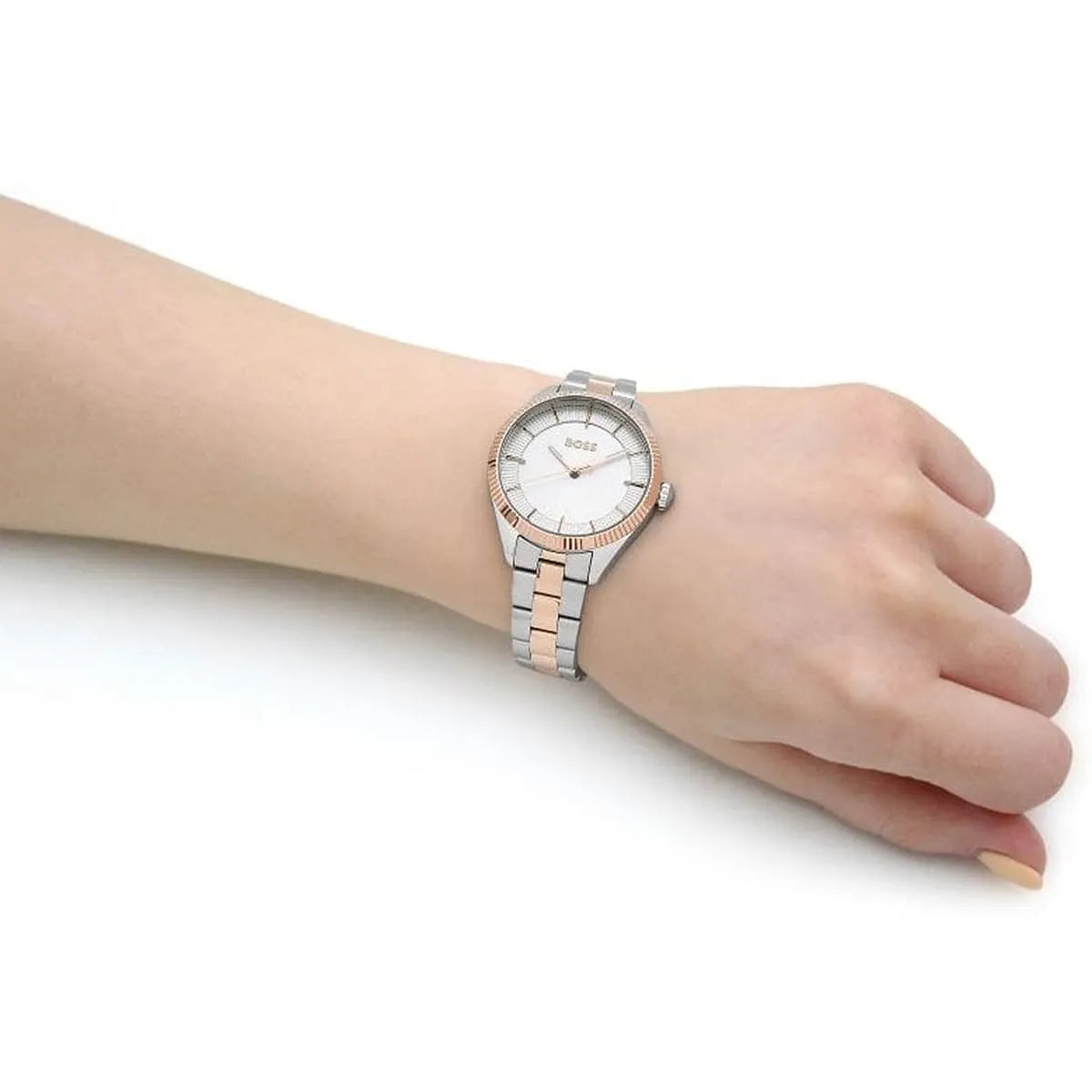 Hugo Boss Sage 32mm watch on wrist showing rose gold and stainless steel two-tone design