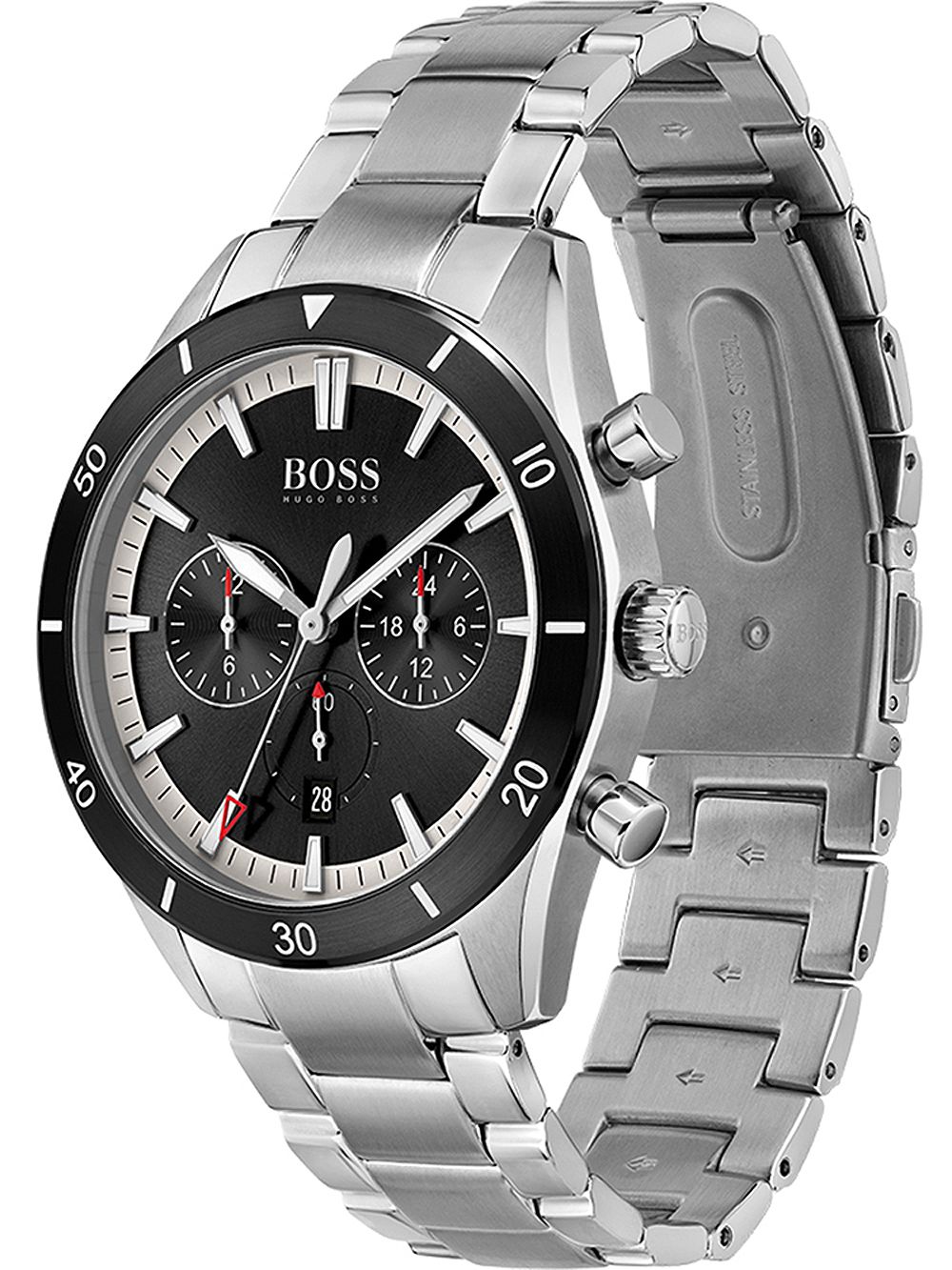 Side angle view of Hugo Boss Santiago watch showing stainless steel bracelet and case