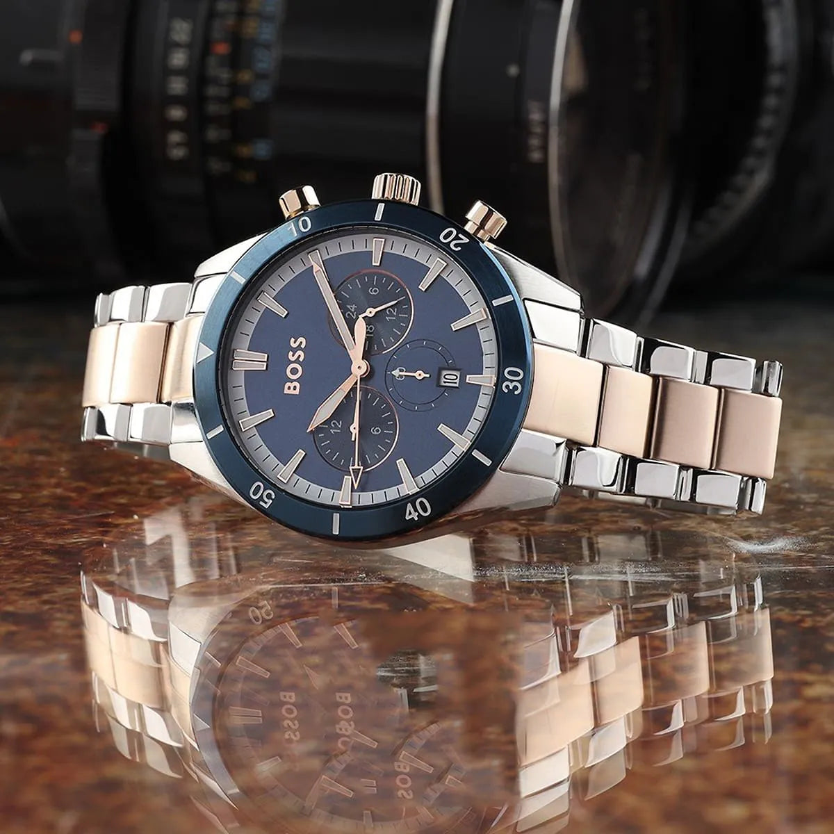 Hugo Boss Santiago chronograph watch on surface showing two-tone strap detail