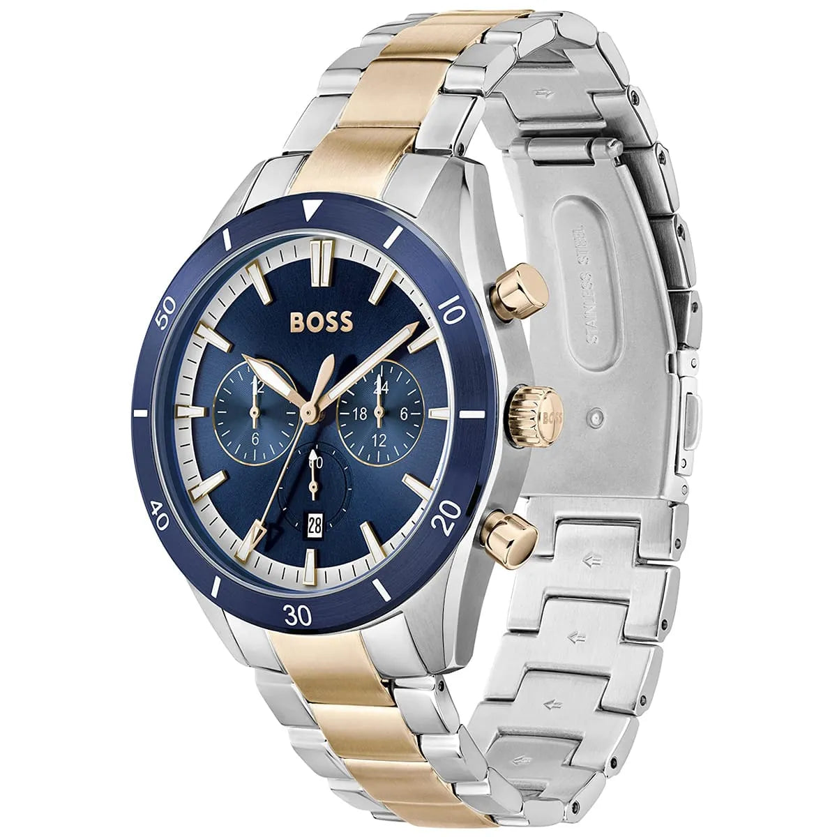 Hugo Boss Santiago chronograph watch side angle showing two-tone strap and case