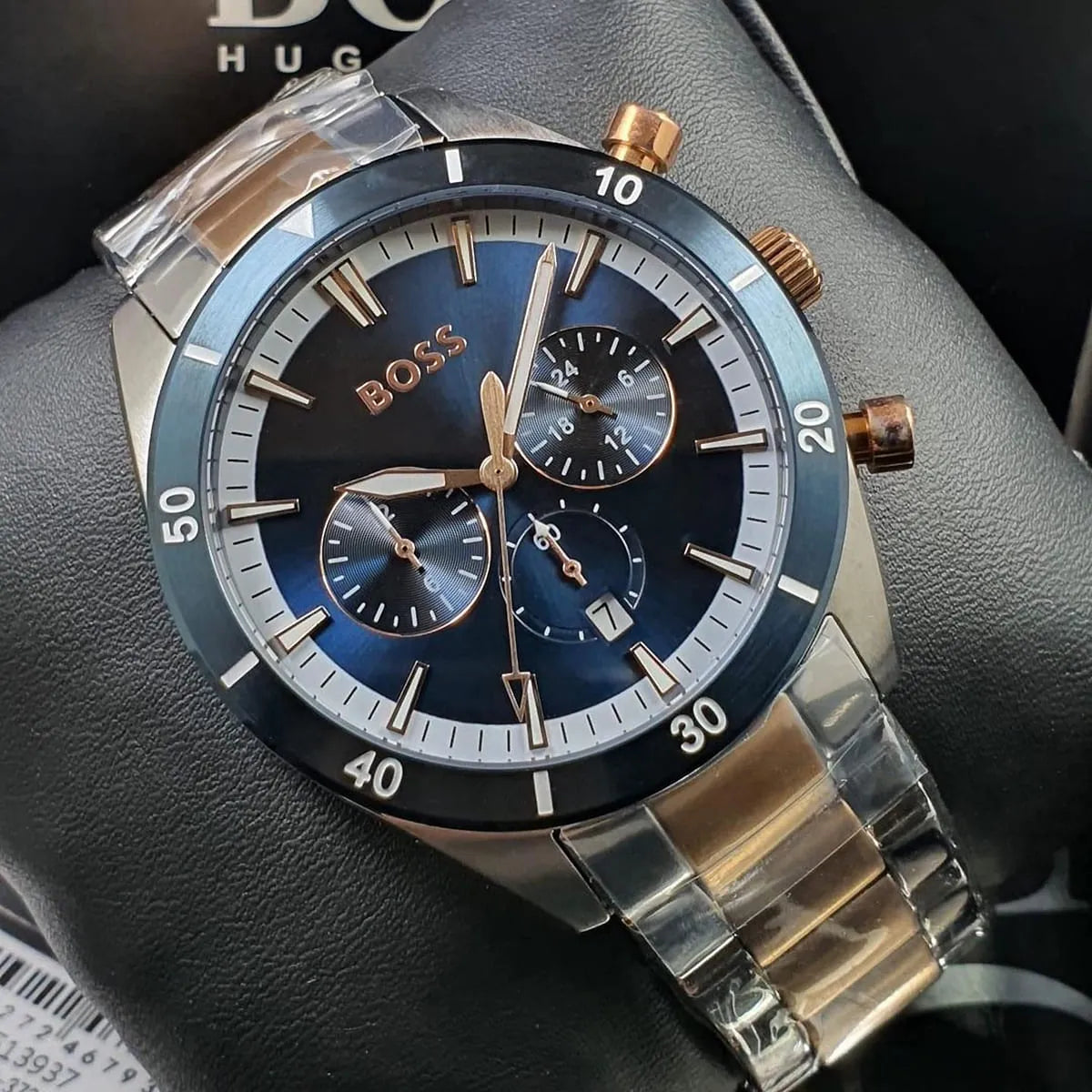 Hugo Boss Santiago chronograph watch with blue dial, rose gold and silver two-tone case