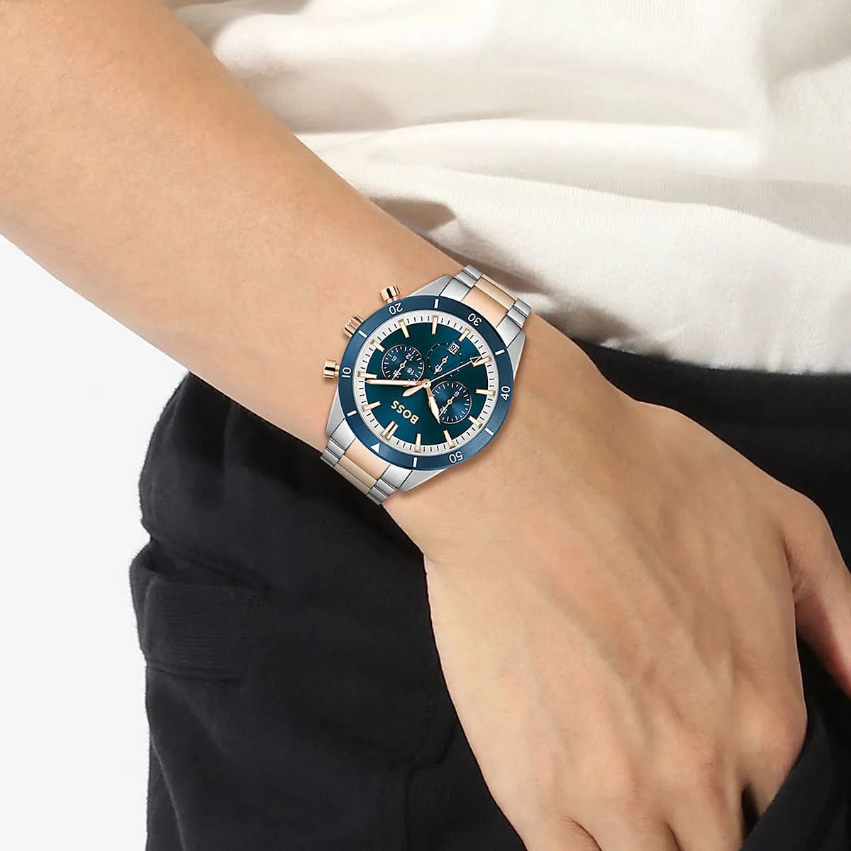 Hugo Boss Santiago chronograph watch worn on wrist with two-tone steel bracelet
