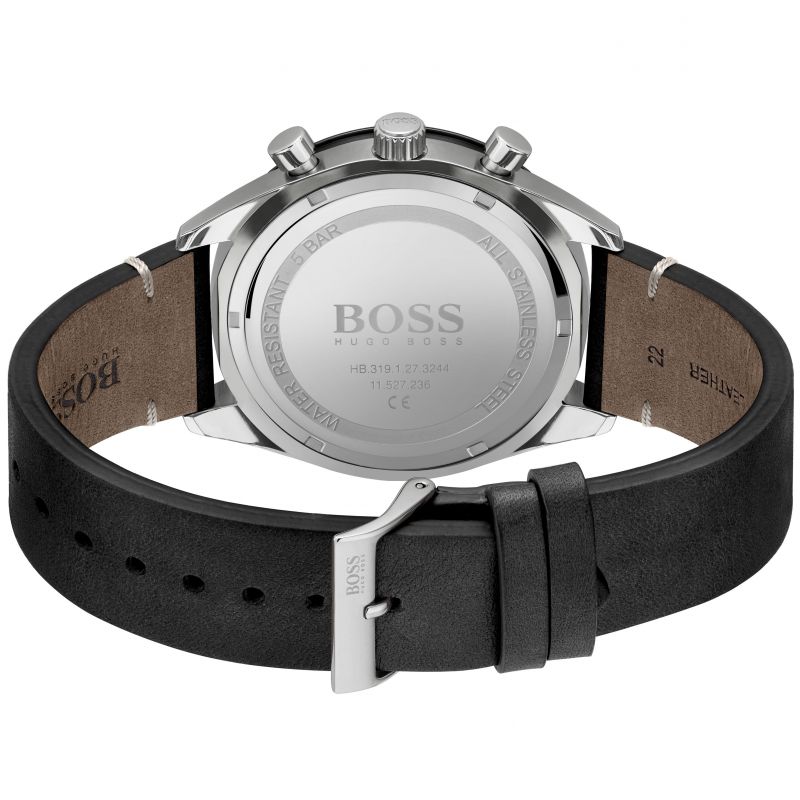 Hugo Boss Santiago watch caseback with stainless steel back and black leather strap