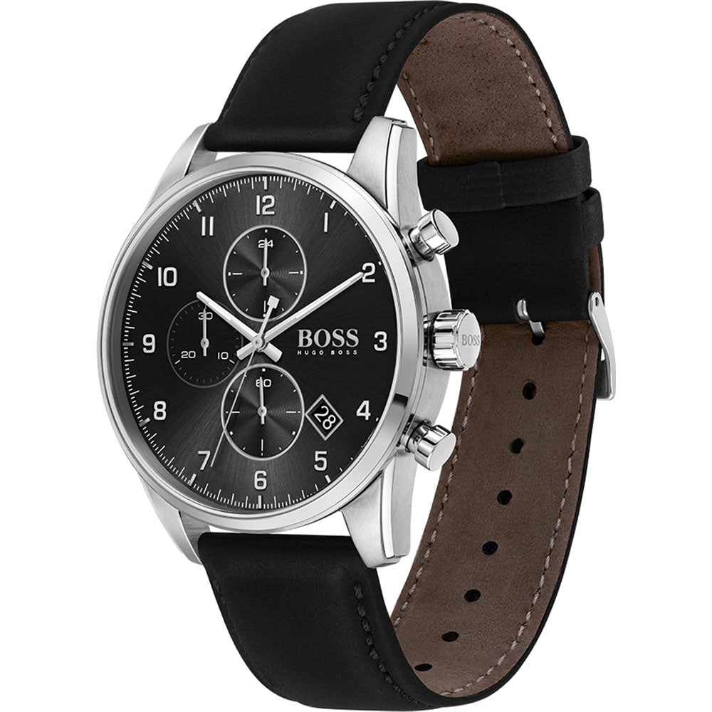 Hugo Boss Skymaster watch angled view showing black leather strap and brown underside