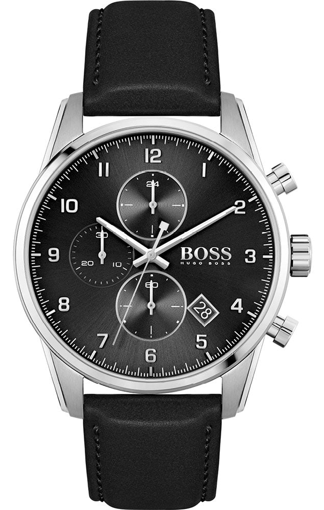 Hugo Boss Skymaster chronograph watch with black dial and black leather strap