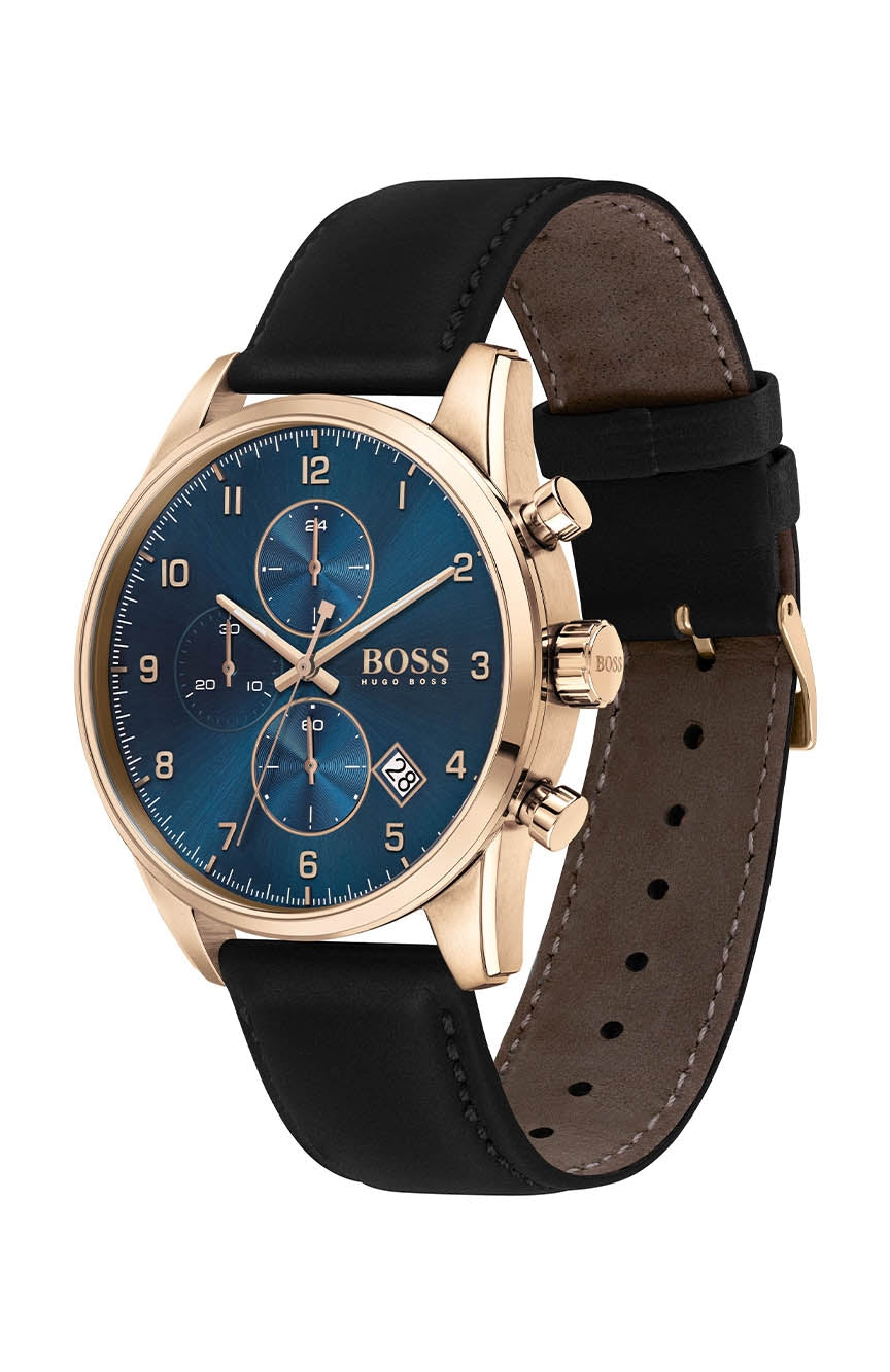 Side angle view of Hugo Boss Skymaster watch showing blue dial and two-tone leather strap