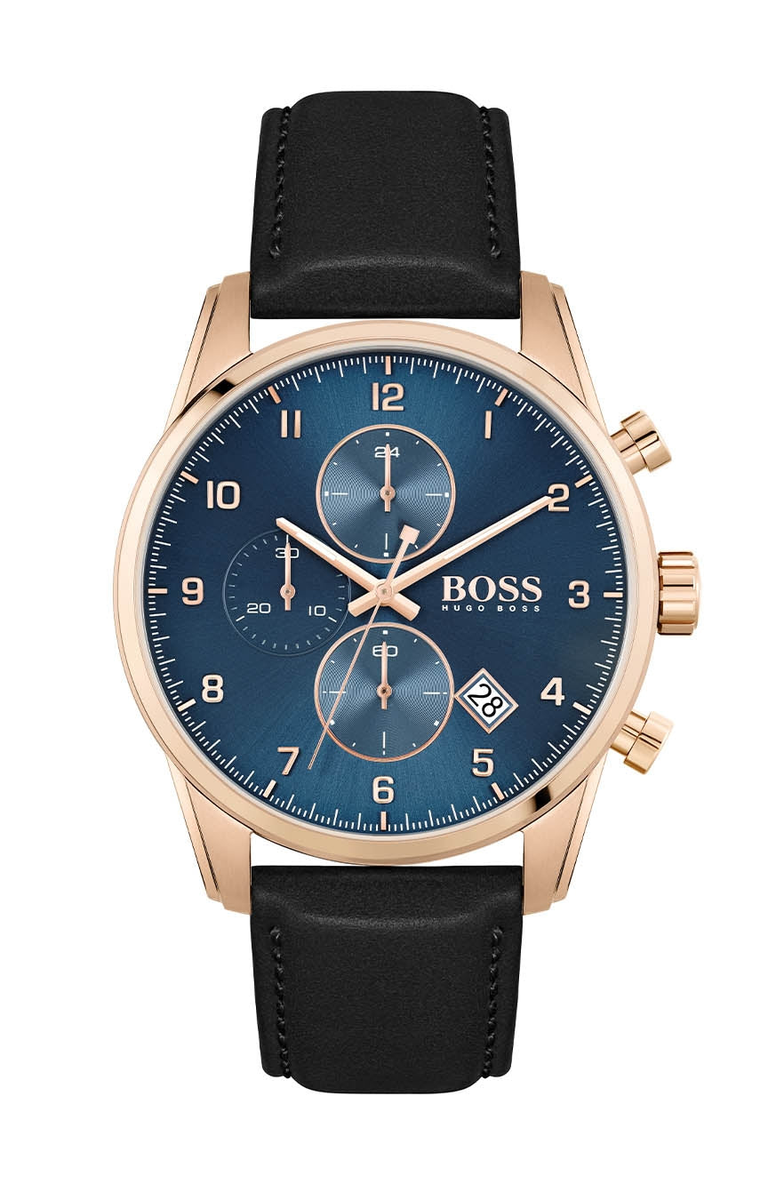 Hugo Boss Skymaster blue dial chronograph watch with rose gold case and black leather strap