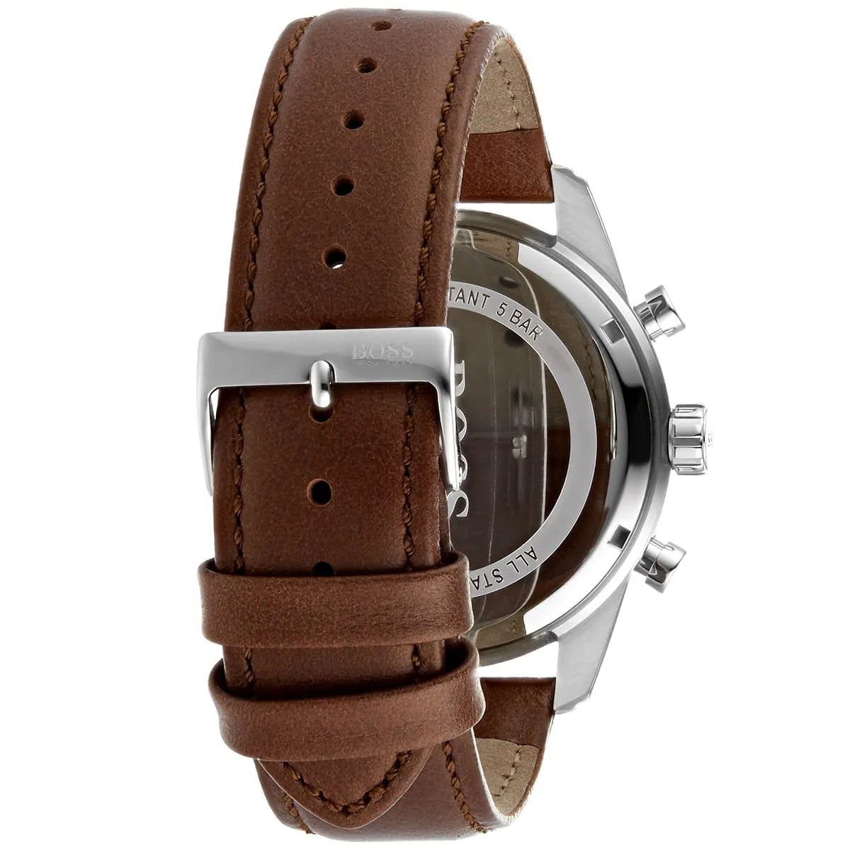 Hugo Boss Skymaster watch caseback showing brown leather strap and deployment buckle