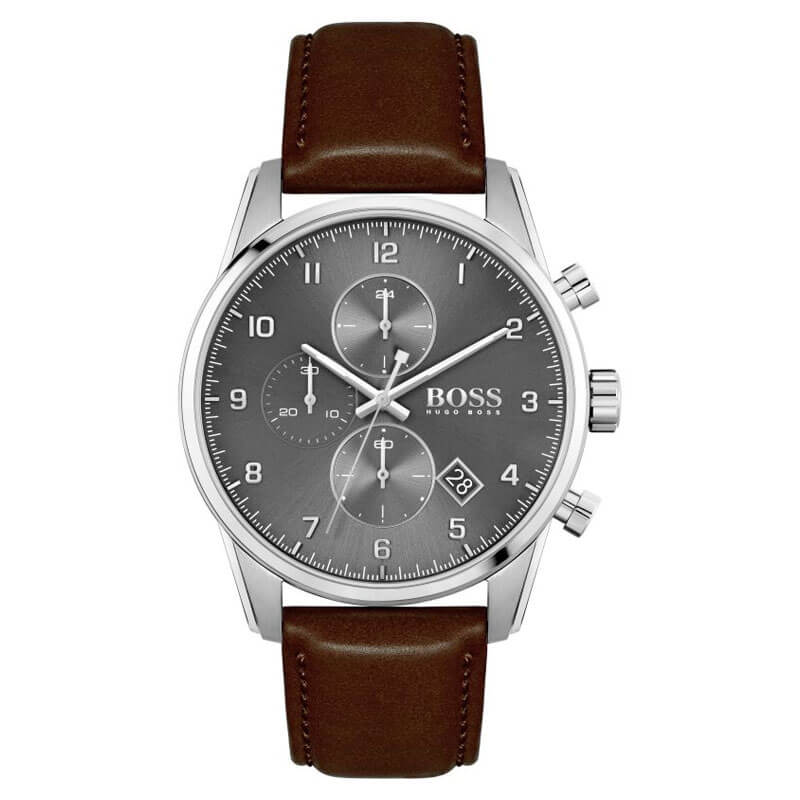 Hugo Boss Skymaster chronograph watch with grey dial and brown leather strap