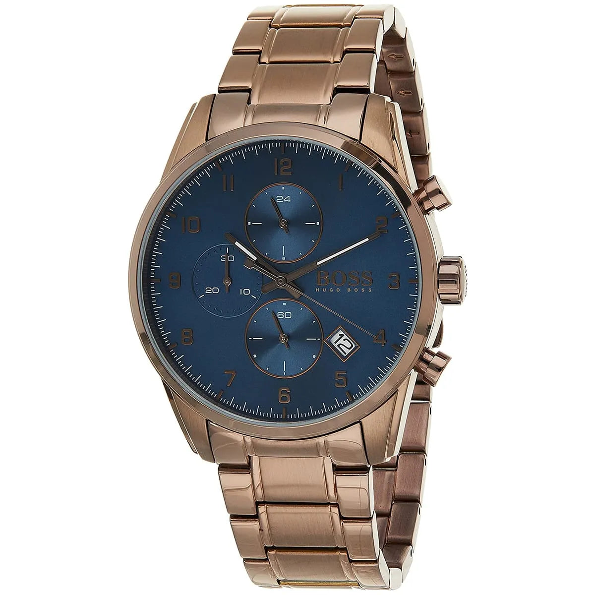 Hugo Boss Skymaster chronograph watch 45-degree angle view with metal bracelet