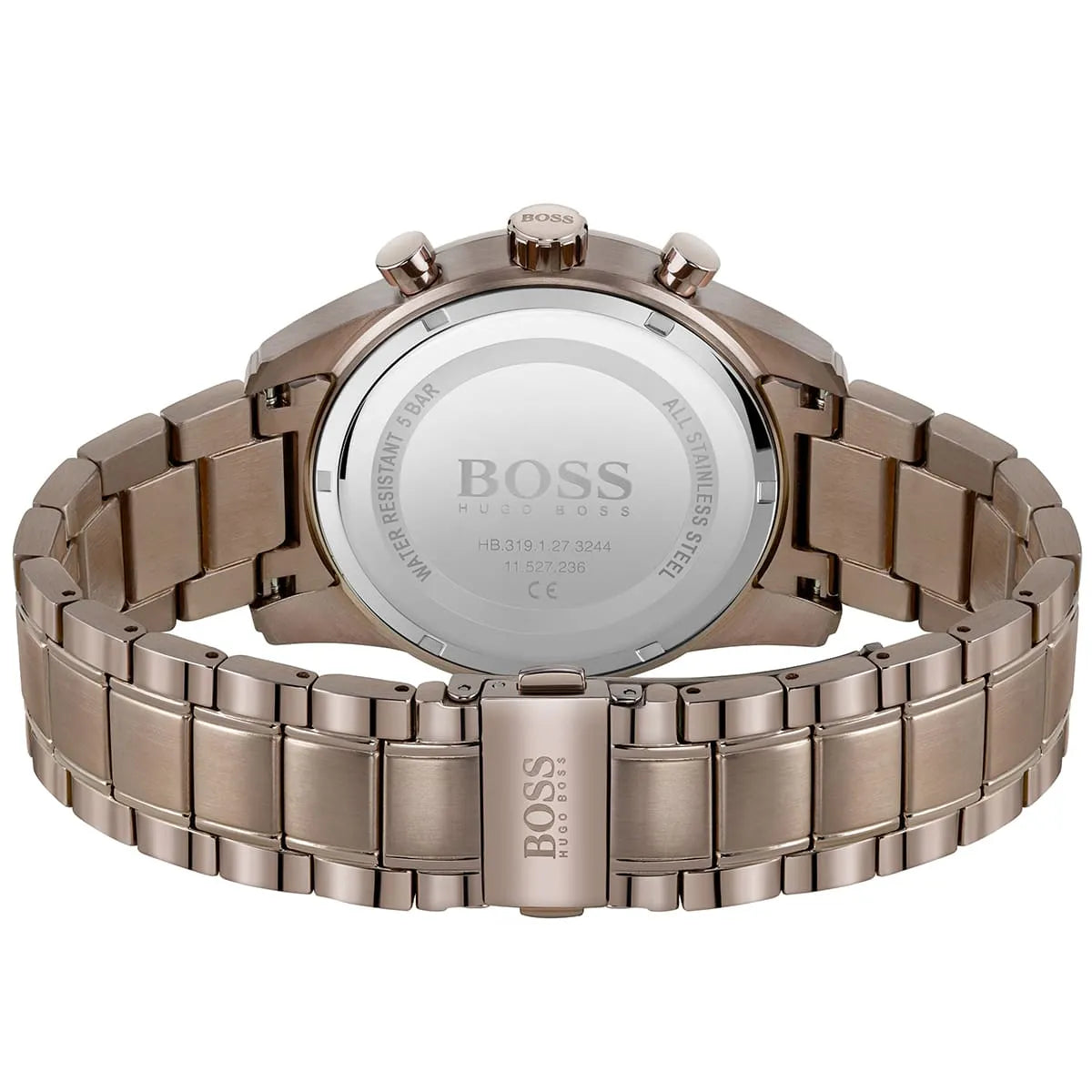 Hugo Boss Skymaster chronograph watch back view with full bracelet visible