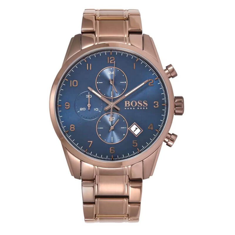 Hugo Boss Skymaster chronograph men's watch with blue dial and rose gold case