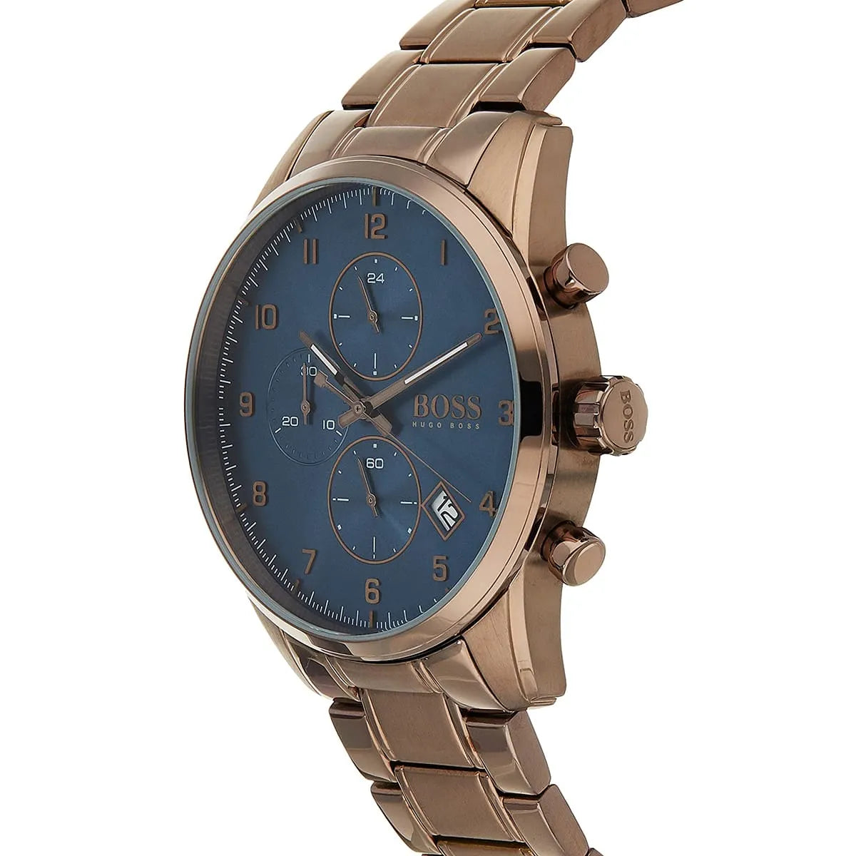 Hugo Boss Skymaster chronograph watch side profile with rose gold case and dial