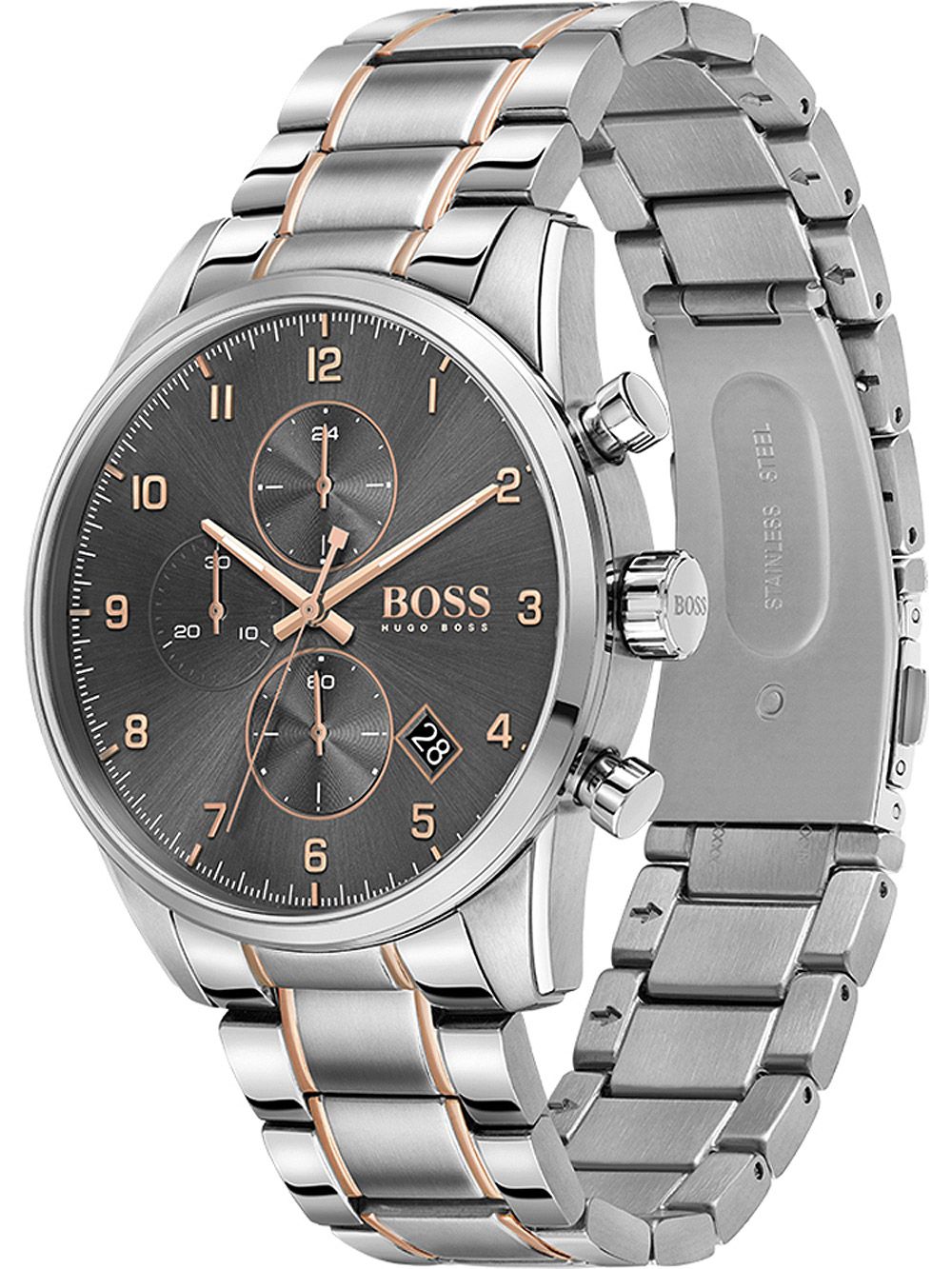 Hugo Boss Skymaster chronograph watch showing two-tone stainless steel and rose gold bracelet detail