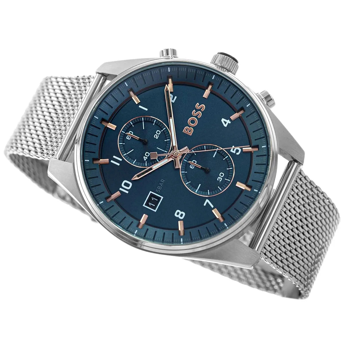 Hugo Boss Strike chronograph watch at angle with blue dial and rose gold accents
