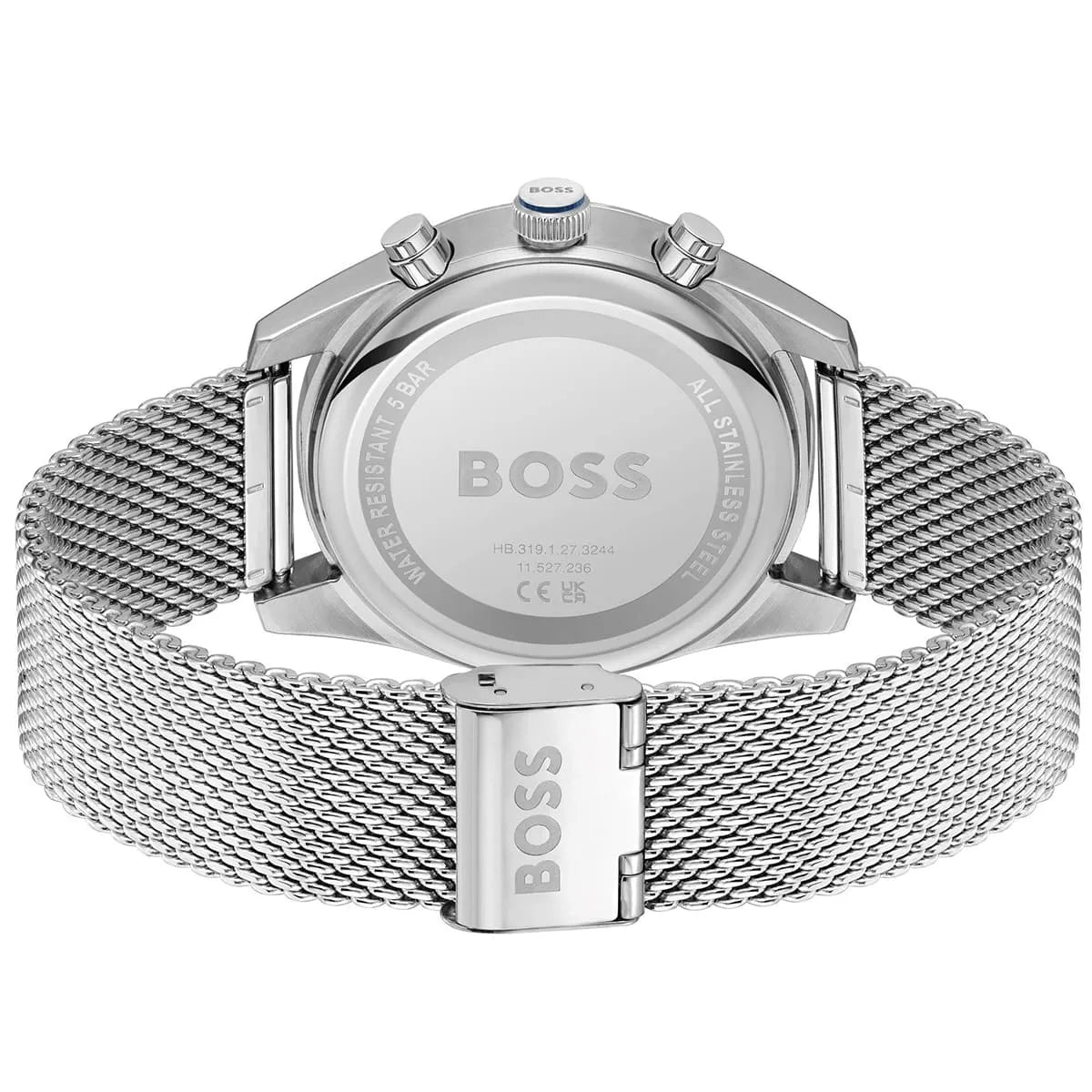 Hugo Boss Strike watch caseback showing stainless steel with BOSS branding and engraved text