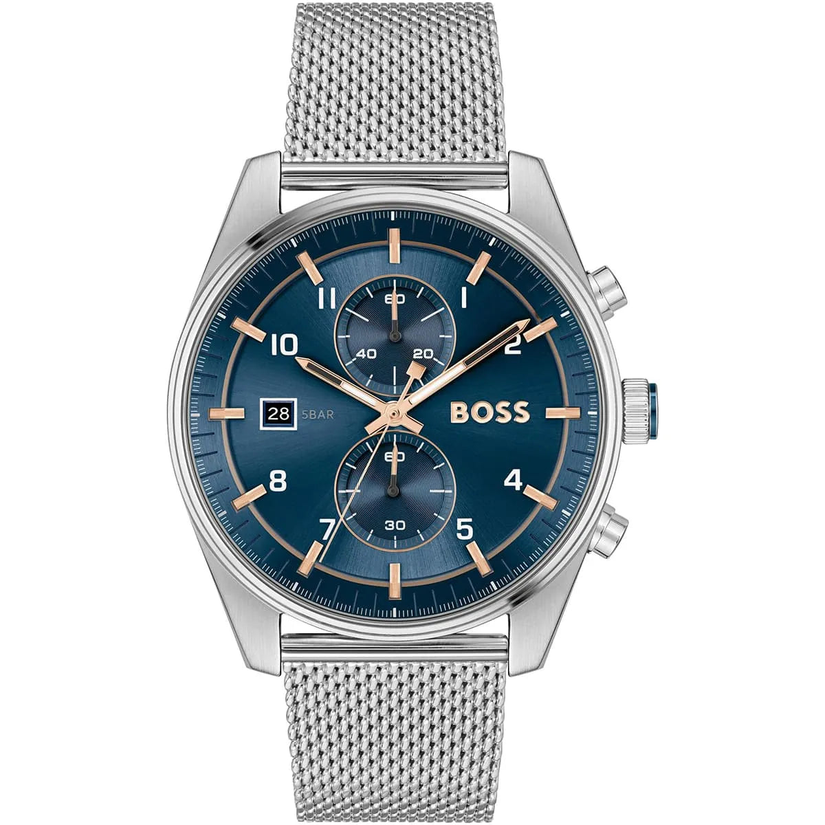 Hugo Boss Strike men's watch with blue dial, rose gold chronograph hands, and stainless steel mesh strap