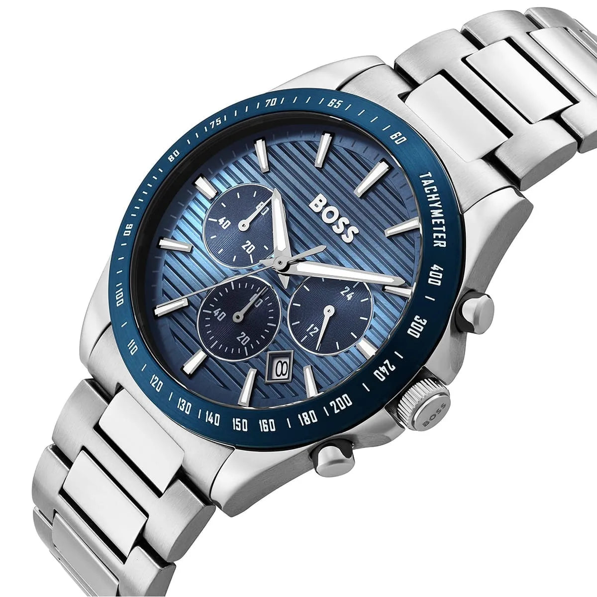 Hugo Boss Strike chronograph watch at angle with blue dial and metal link bracelet