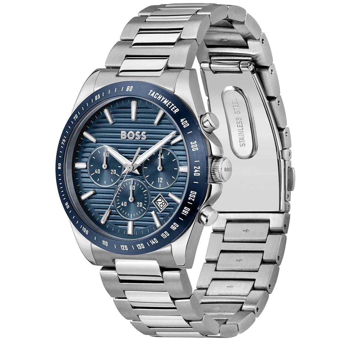 Hugo Boss Strike watch shown from angle with blue dial and silver metal bracelet
