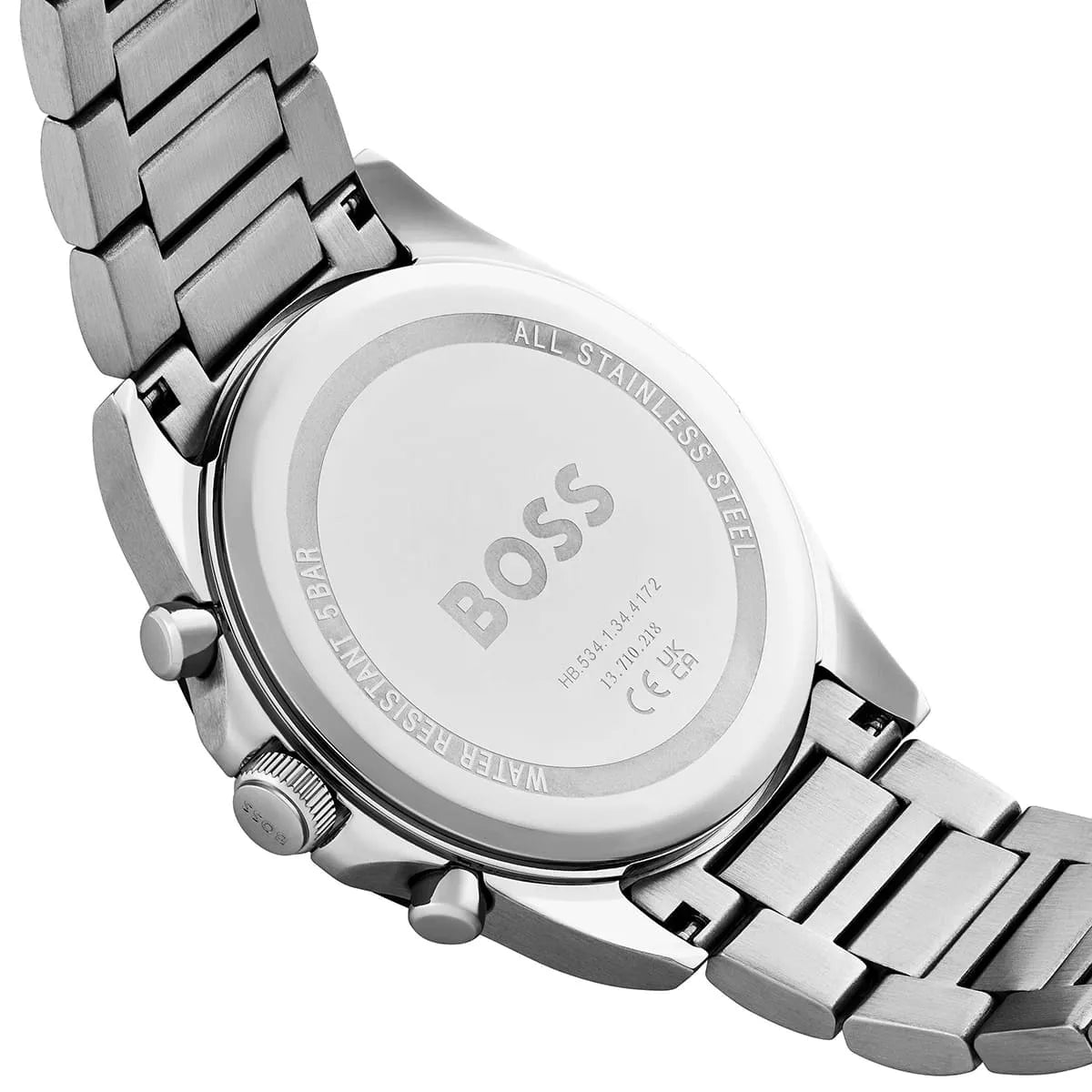 Hugo Boss Strike watch caseback detail with BOSS branding and stainless steel strap