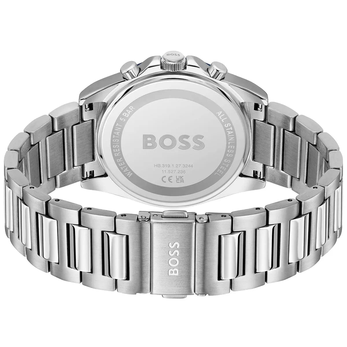 Hugo Boss Strike watch caseback showing BOSS branding and stainless steel bracelet
