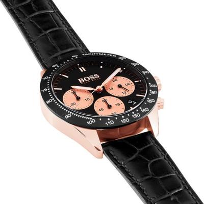 Hugo Boss Talent chronograph watch angled view showing black leather strap and rose gold case with black dial