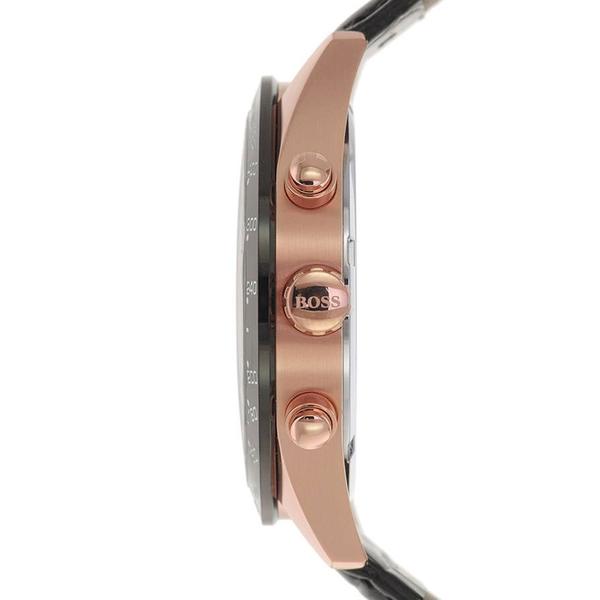 Side profile of Hugo Boss Talent watch showing rose gold case, black leather strap, and chronograph pushers