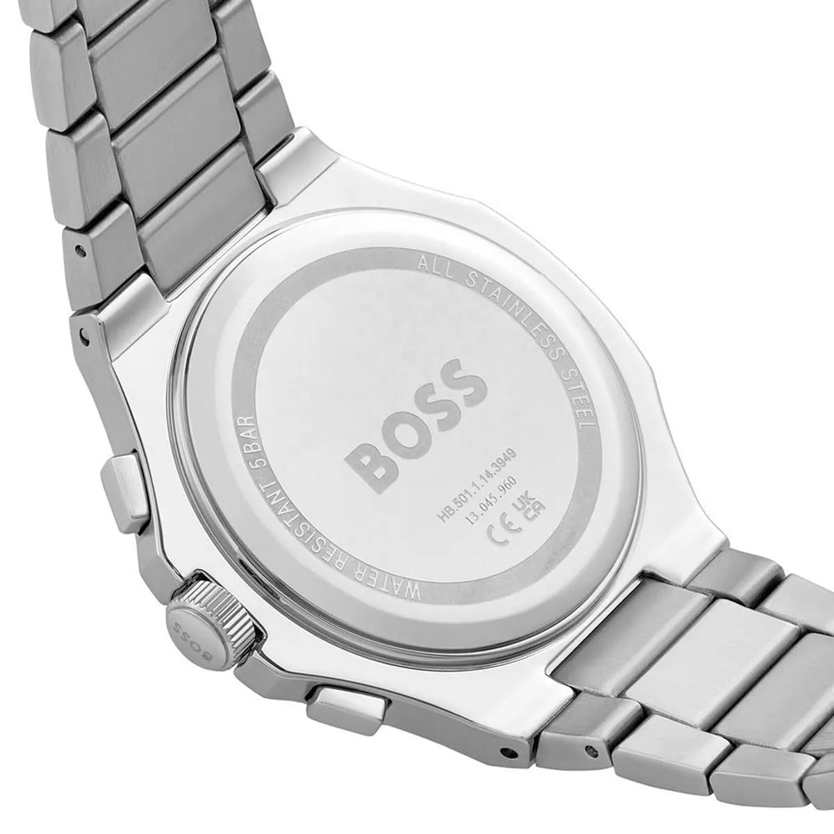 Hugo Boss Taper case back detail with stainless steel bracelet and crown