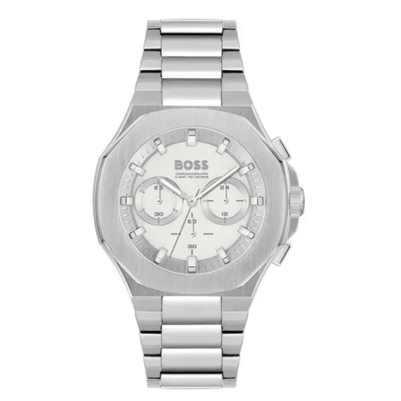Hugo Boss Taper chronograph watch with white dial and silver steel bracelet