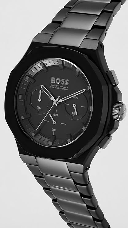 Side angle view of Hugo Boss Taper chronograph with black dial and steel bracelet