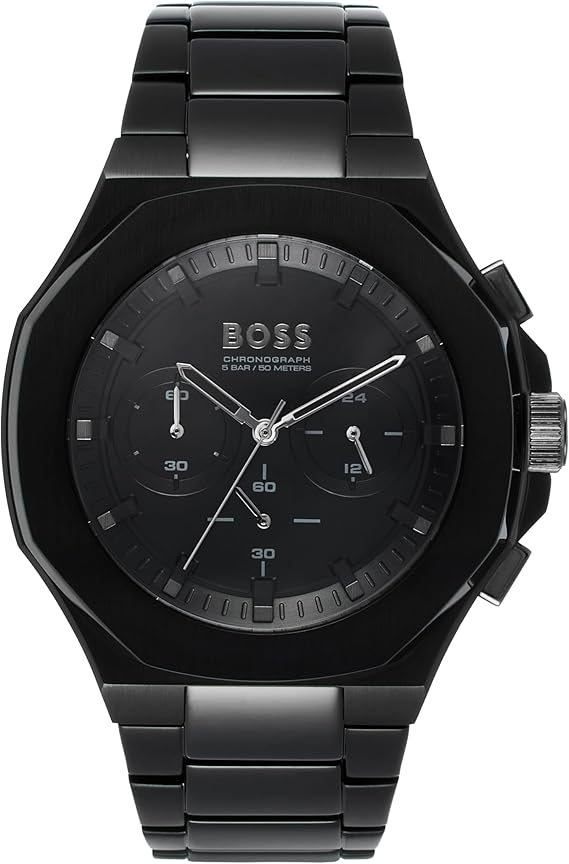 Hugo Boss Taper chronograph watch with black dial, black steel case and bracelet